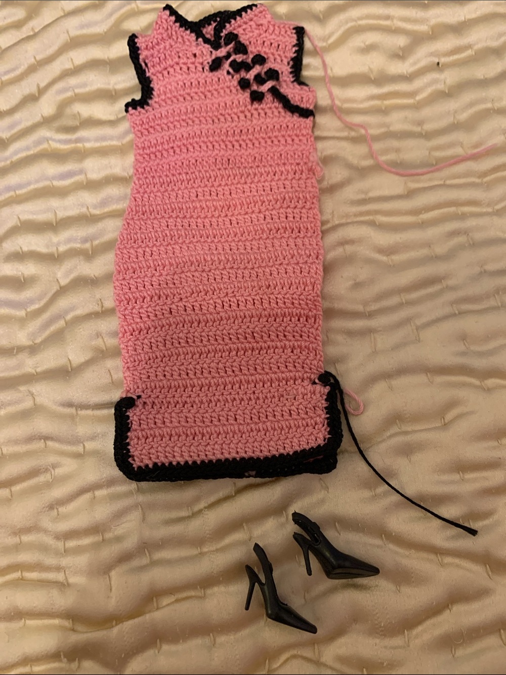 Handmade Pink Crochet Doll Dress with Black Trim